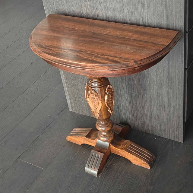 Vintage Solid Wood Pedestal Half-moon Side Table