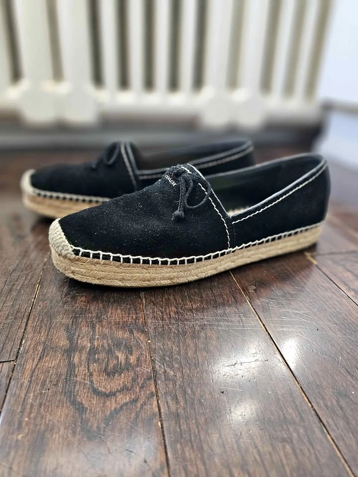 Size 9 Coach Rae Black Suede Espadrille Platform Flats Shoes