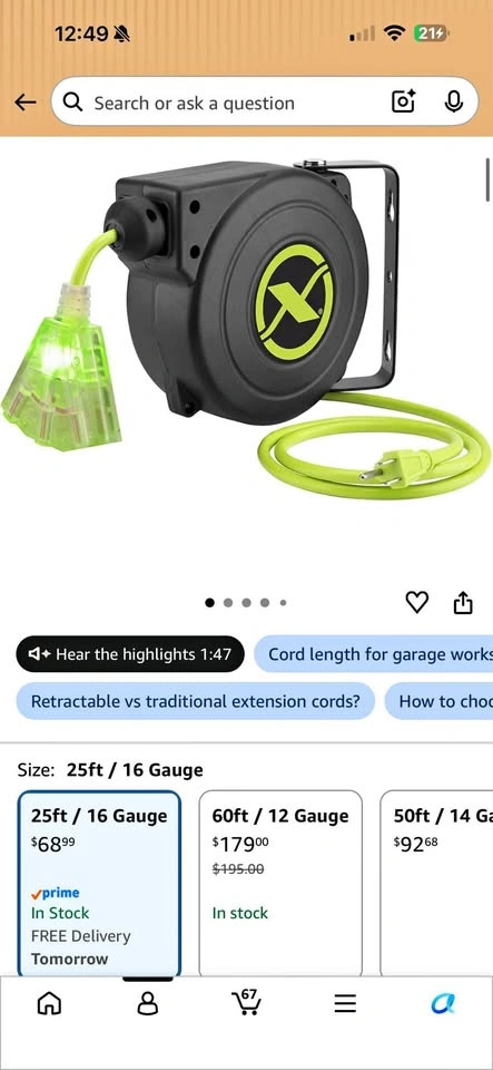 Retractable Extension Cord Reel – 25 FT / 16 Gauge