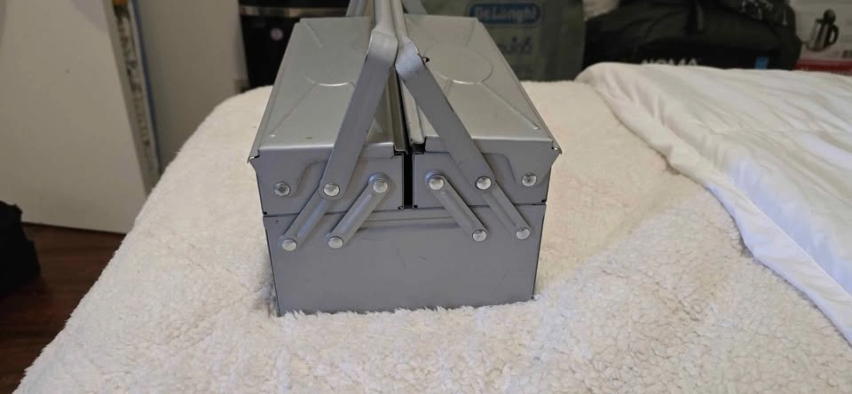 Vintage French Metal Cantilever Toolbox with tools