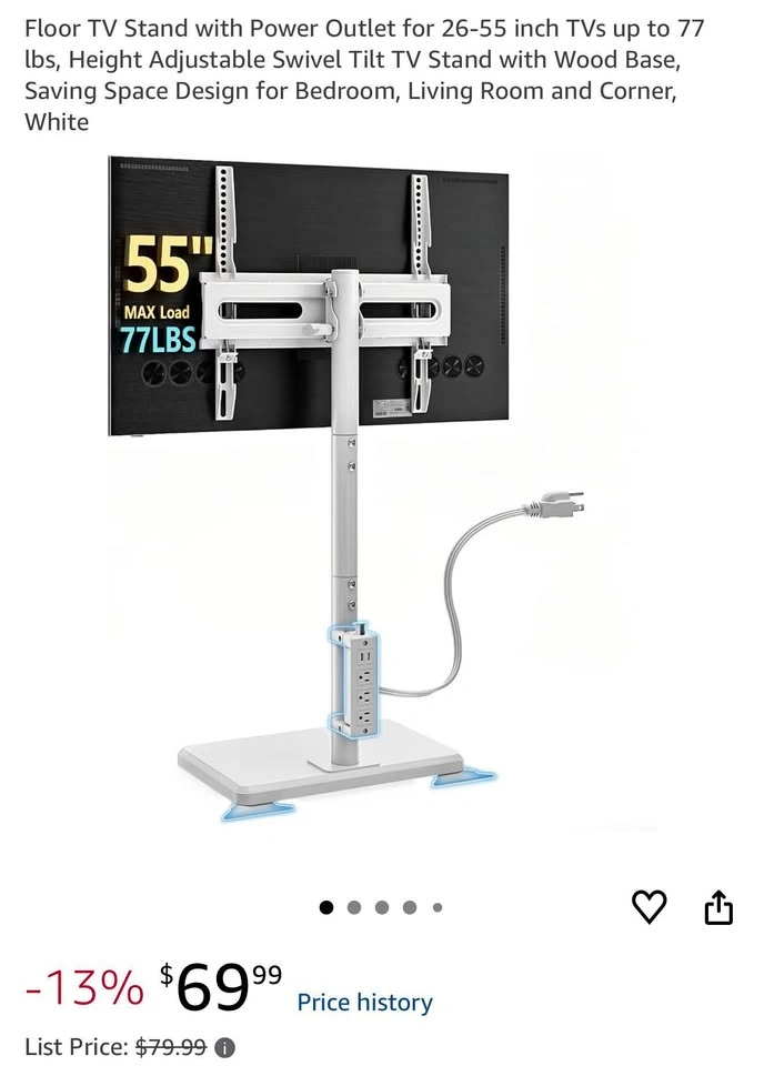 Floor TV Stand with Power Outlet for 26-55" TVs (White)