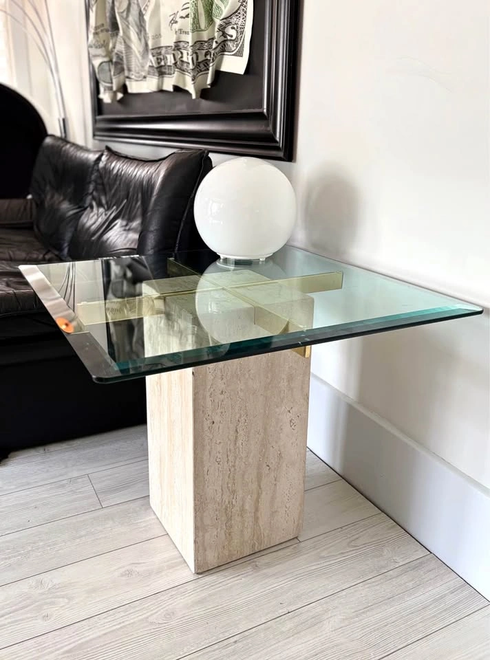 VINTAGE TRAVERTINE AND BRASS POSTMODERN SIDE TABLE!