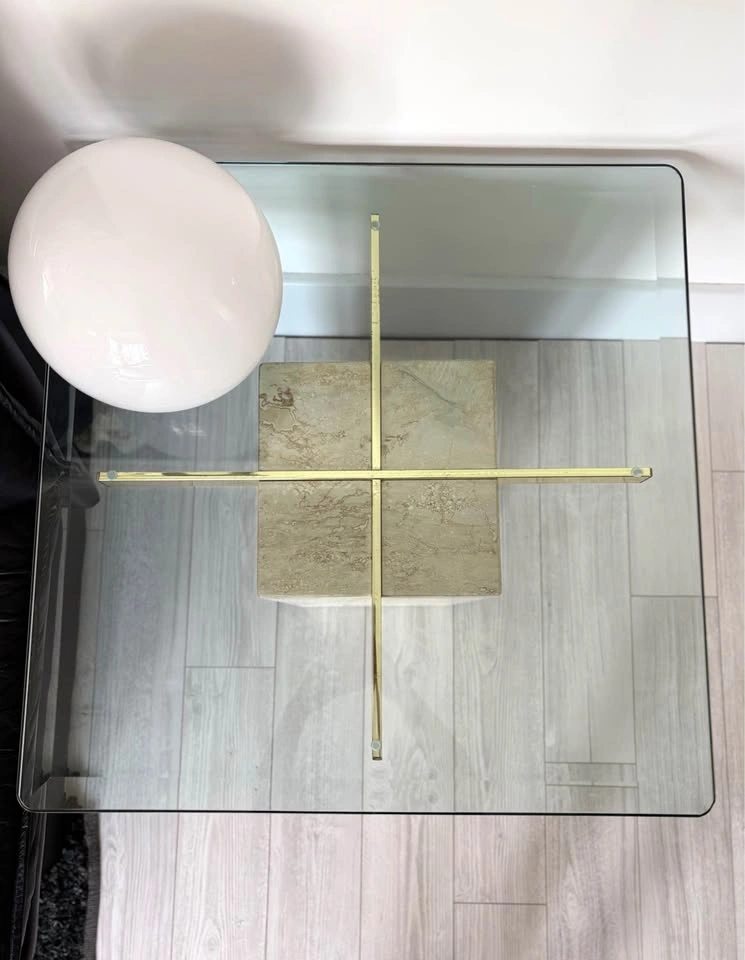 VINTAGE TRAVERTINE AND BRASS POSTMODERN SIDE TABLE! - photo 3