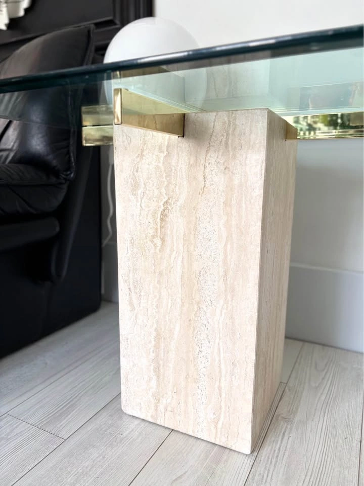 VINTAGE TRAVERTINE AND BRASS POSTMODERN SIDE TABLE! - photo 4