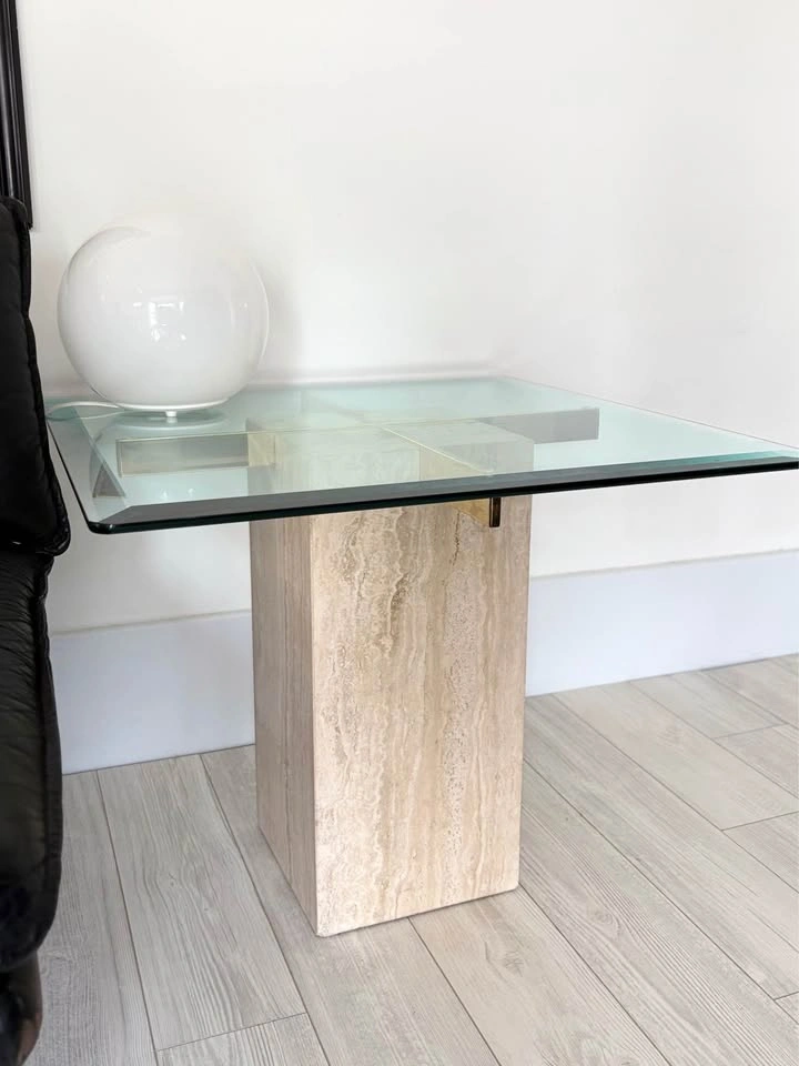 VINTAGE TRAVERTINE AND BRASS POSTMODERN SIDE TABLE! - photo 5