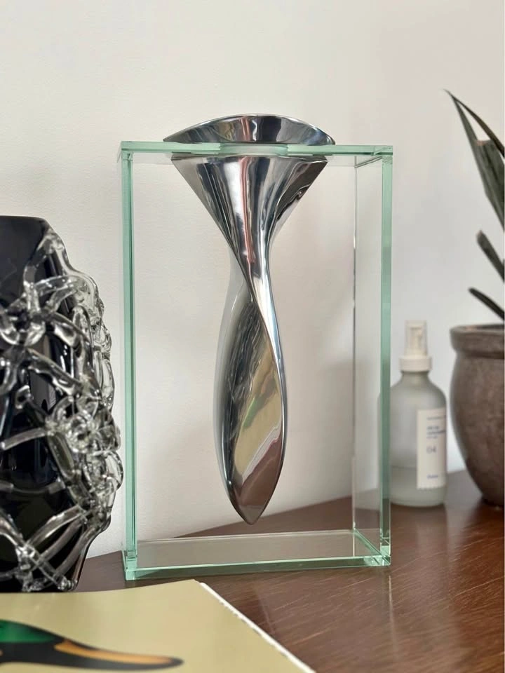 VINTAGE ITALIAN “TWISTED TORNADO” GLASS AND ALUMINIUM VASE