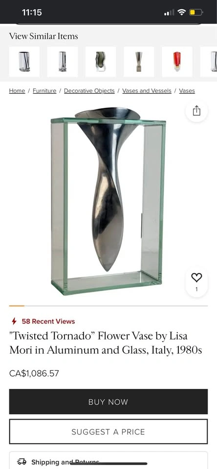 VINTAGE ITALIAN “TWISTED TORNADO” GLASS AND ALUMINIUM VASE - photo 4