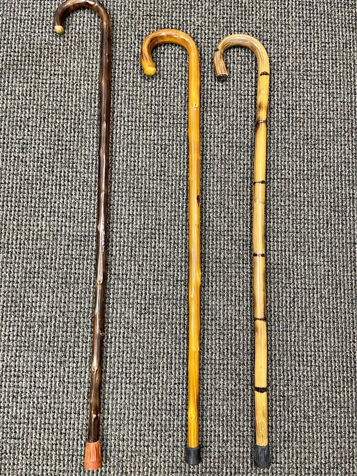Set of 3 Vintage Wood Walking Sticks / Curved Handle Staffs