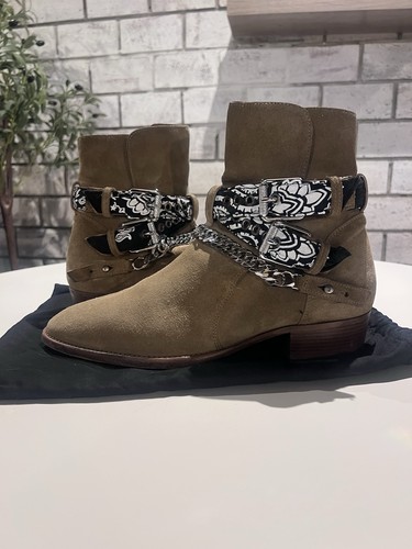 100% Authentic AMIRI Bandana Chain Buckle Boots – Tan Suede