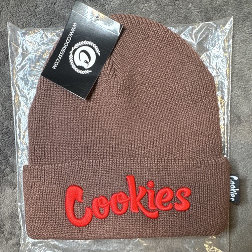 Cookies Brown Knit Acrylic Beanie Hat Red Embroidered Logo