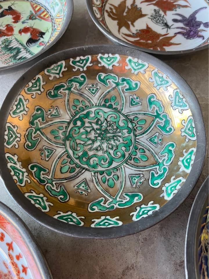 Set of 5 Vintage Japanese porcelain bowl encased in pewter - photo 2