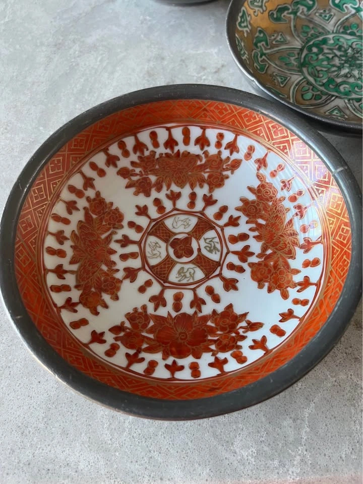 Set of 5 Vintage Japanese porcelain bowl encased in pewter - photo 3