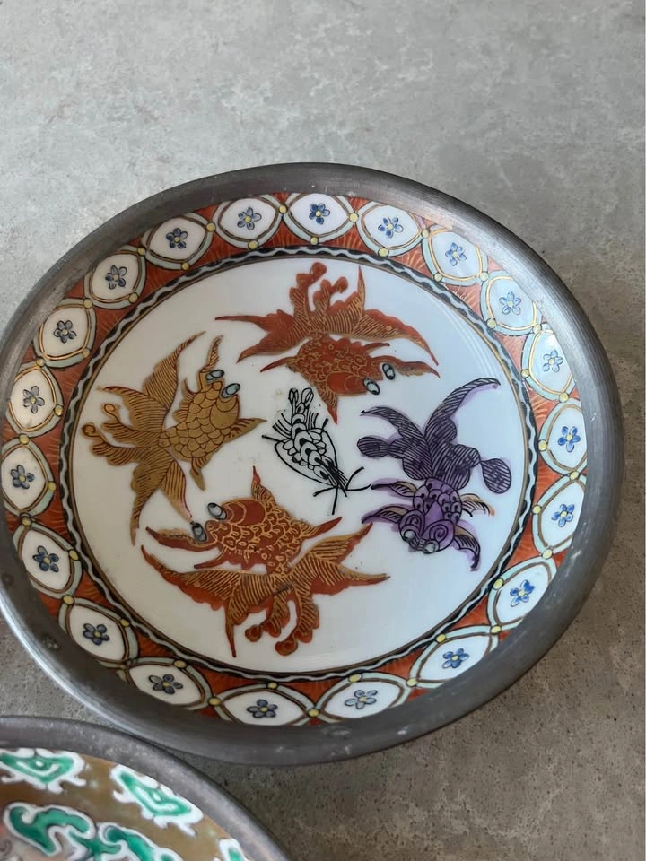 Set of 5 Vintage Japanese porcelain bowl encased in pewter - photo 5