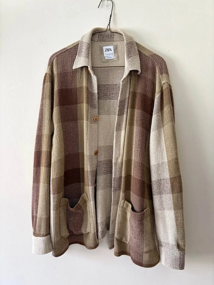 Zara Man Plaid Waffle-Knit Cardigan Jacket (Relaxed Fit)