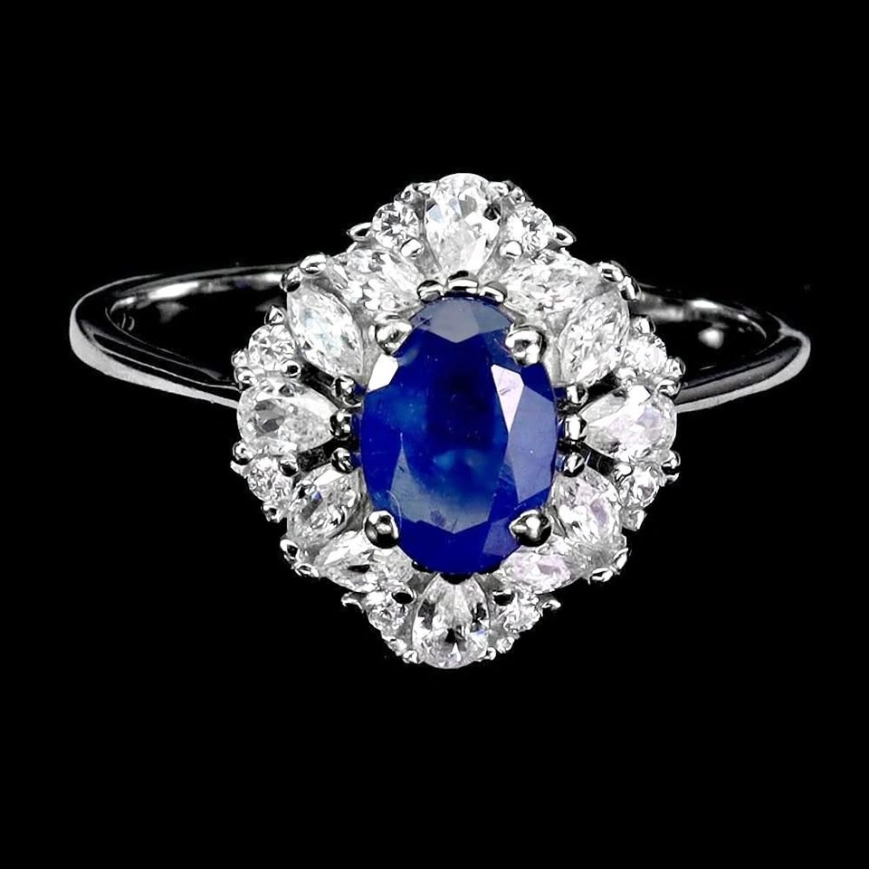 Blue Sapphire Ring - 14K White Gold Plated Sterling Silver