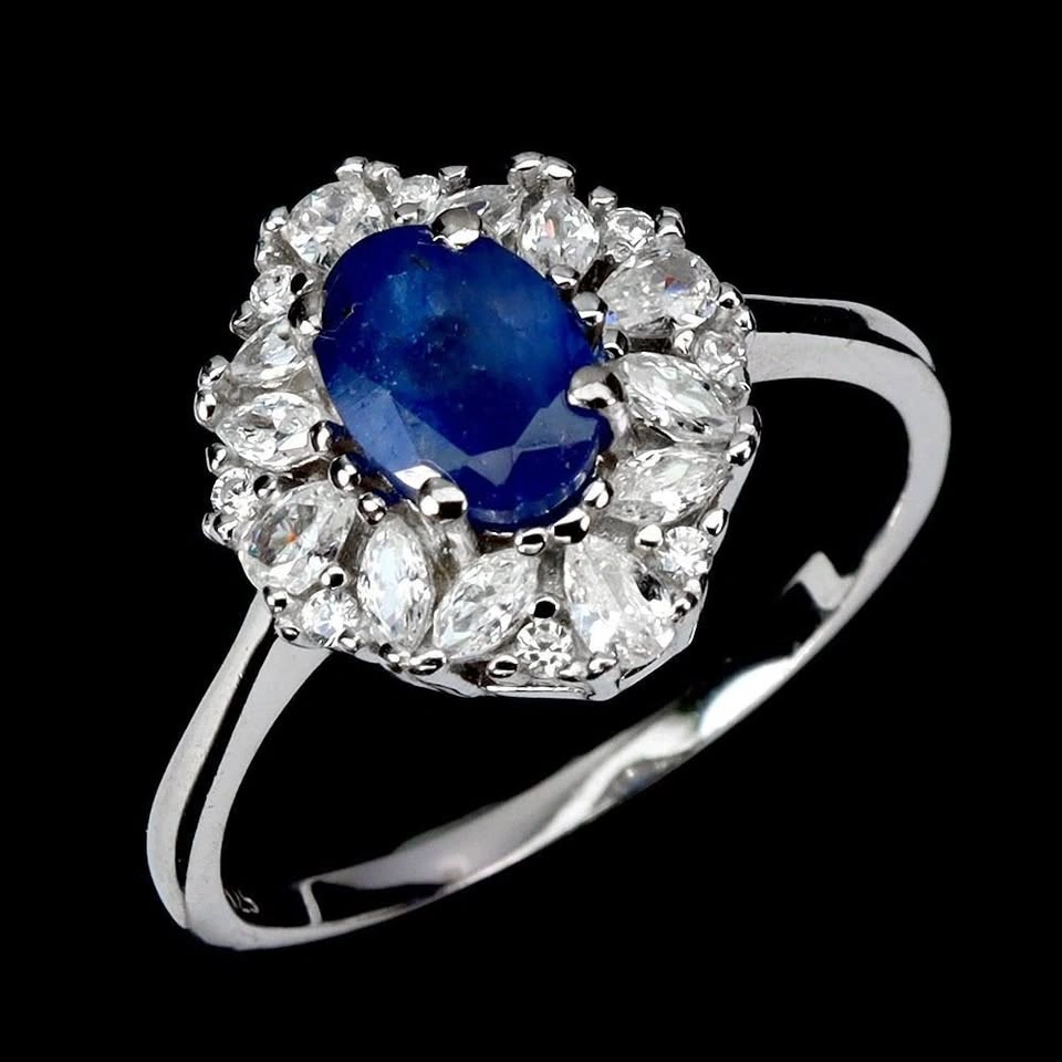 Blue Sapphire Ring - 14K White Gold Plated Sterling Silver - photo 2
