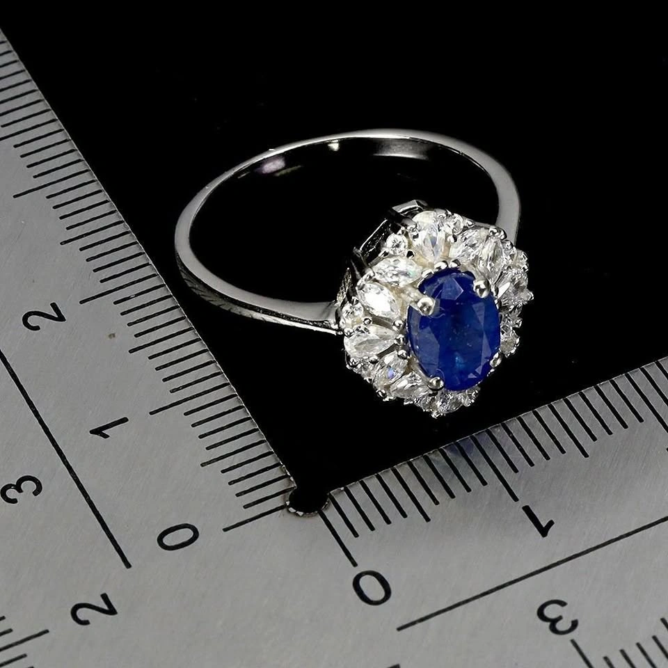 Blue Sapphire Ring - 14K White Gold Plated Sterling Silver - photo 3