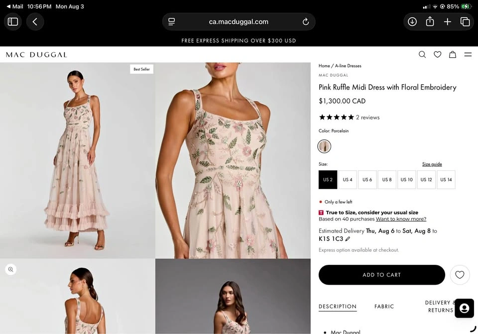 Mac Duggal Pink Ruffle Midi Dress Floral Embroidery Size 12