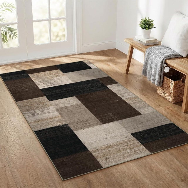 Modern Patchwork Plaid Area Rug Black Grey INS Style