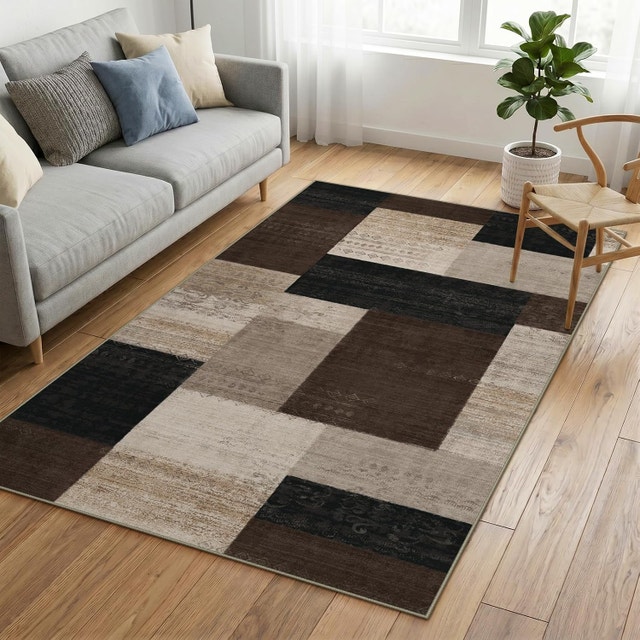 Modern Patchwork Plaid Area Rug Black Grey INS Style - photo 3