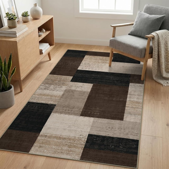 Modern Patchwork Plaid Area Rug Black Grey INS Style - photo 4