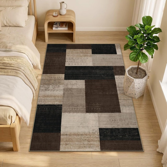 Modern Patchwork Plaid Area Rug Black Grey INS Style - photo 5