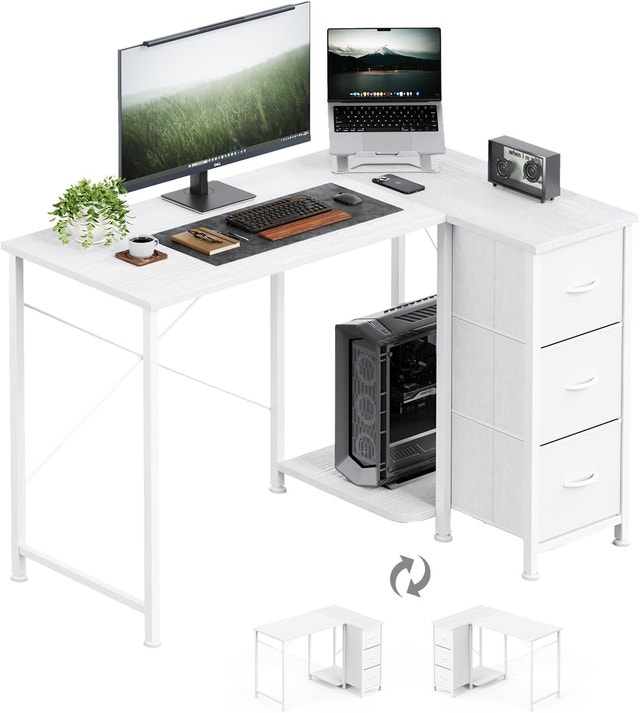 L Shaped Desk with 3 Fabric Drawers, 39'' Wide Small
