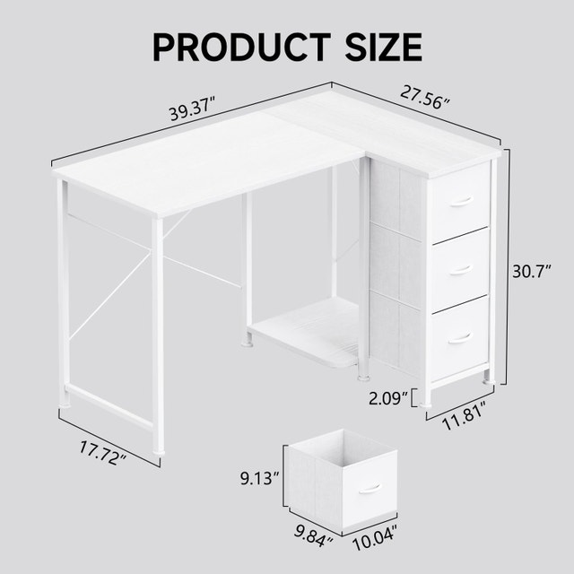 L Shaped Desk with 3 Fabric Drawers, 39'' Wide Small - photo 3