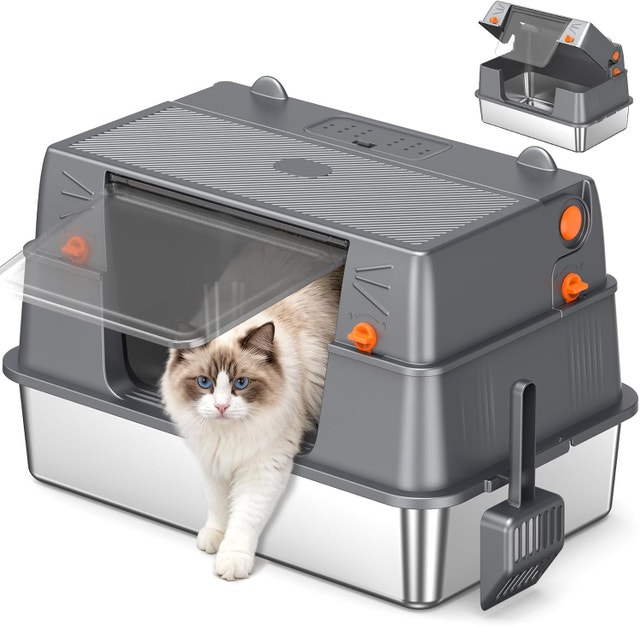 XL Stainless Steel Cat Litter Box, 100° Flip-Top Lid