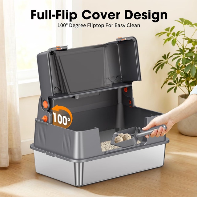 XL Stainless Steel Cat Litter Box, 100° Flip-Top Lid - photo 2