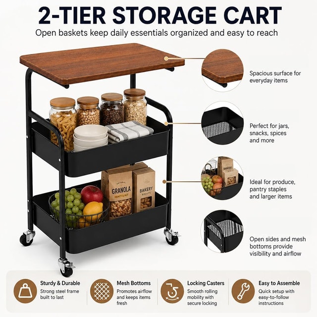 Three-Story Rolling Storage Cart Side Table with Wheels - photo 4