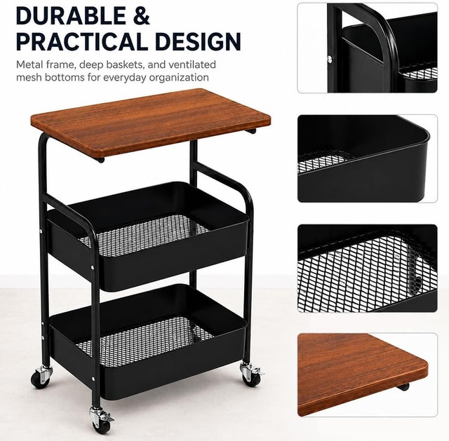 Three-Story Rolling Storage Cart Side Table with Wheels - photo 5