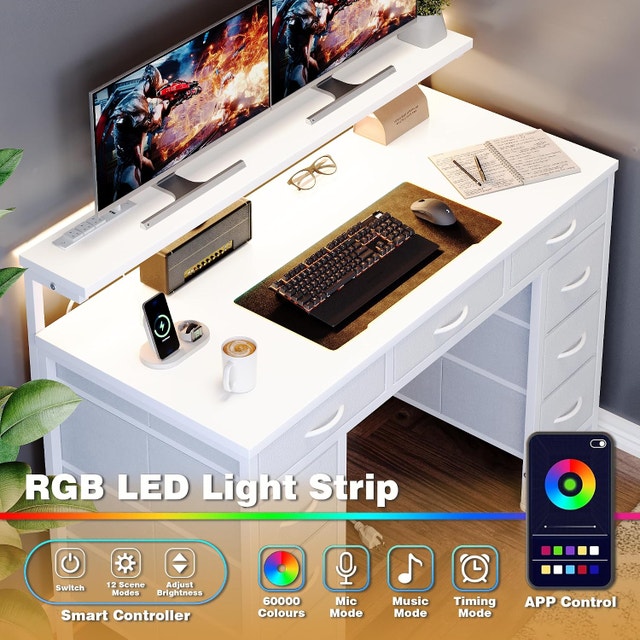 47 Inch Computer Desk with LED Light & Power Outlets - photo 3