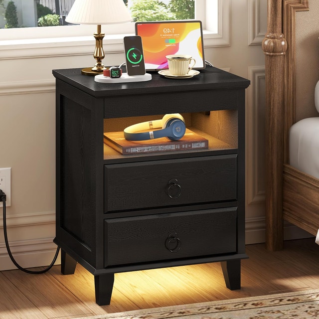 Yusong LED Nightstand with Hidden Drawer, Cottage