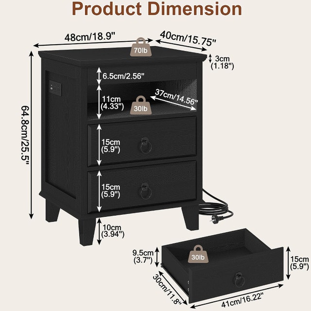 Yusong LED Nightstand with Hidden Drawer, Cottage - photo 2