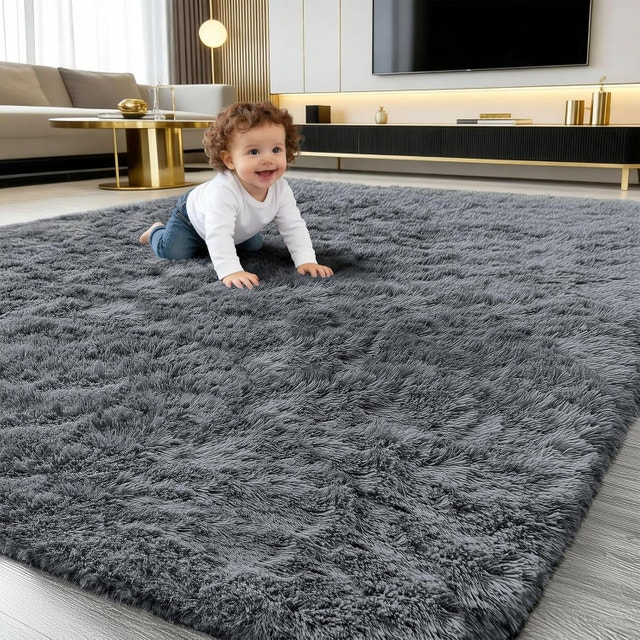 smiry 4x6 Grey Fluffy Washable Area Rug for Living Room