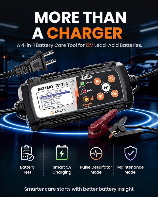 ANCEL BT521 12V Smart Battery Charger and Tester, 5A - photo 3
