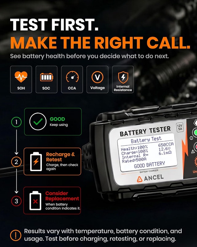 ANCEL BT521 12V Smart Battery Charger and Tester, 5A - photo 5