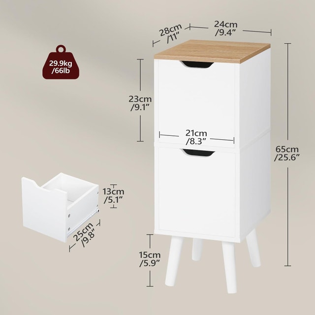 MAHANCRIS Narrow Nightstand with 2 Drawers, Wooden - photo 3