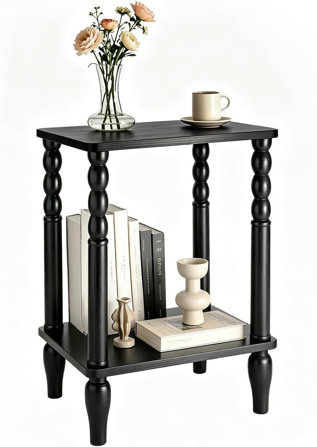 Solid Wood End Table with Storage Shelf, 2-Tier Small