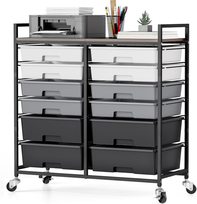 Rolling Cart with 12 Drawers, Wooden Tabletop Utility