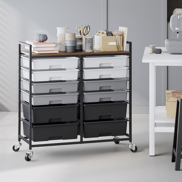 Rolling Cart with 12 Drawers, Wooden Tabletop Utility - photo 2