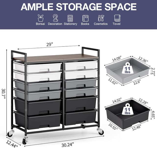 Rolling Cart with 12 Drawers, Wooden Tabletop Utility - photo 3