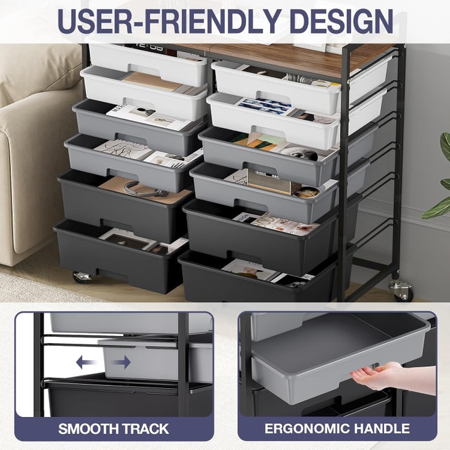 Rolling Cart with 12 Drawers, Wooden Tabletop Utility - photo 5