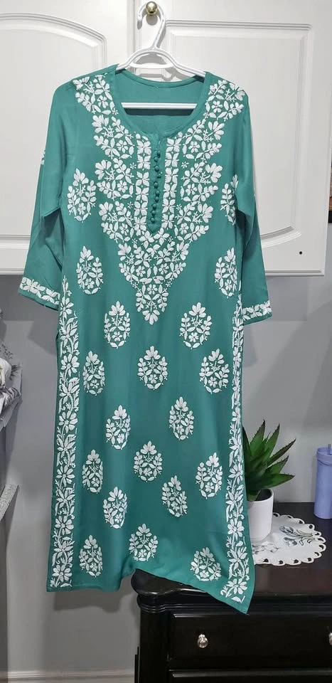 Teal Cotton Floral Print Kurti (XL)