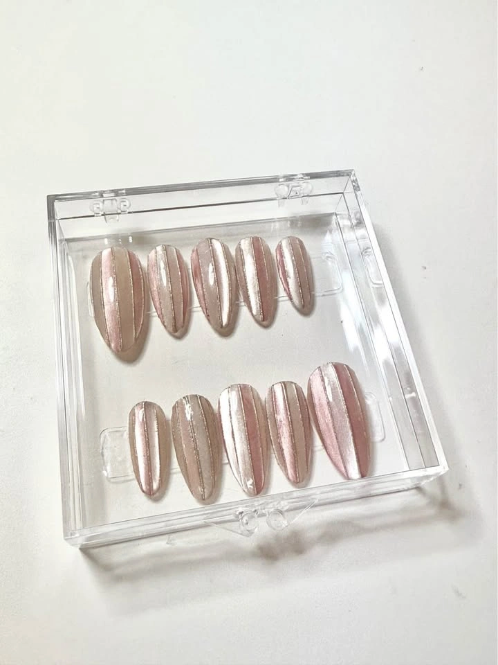 Handmade Pink cateye and Gold Press-on Nails