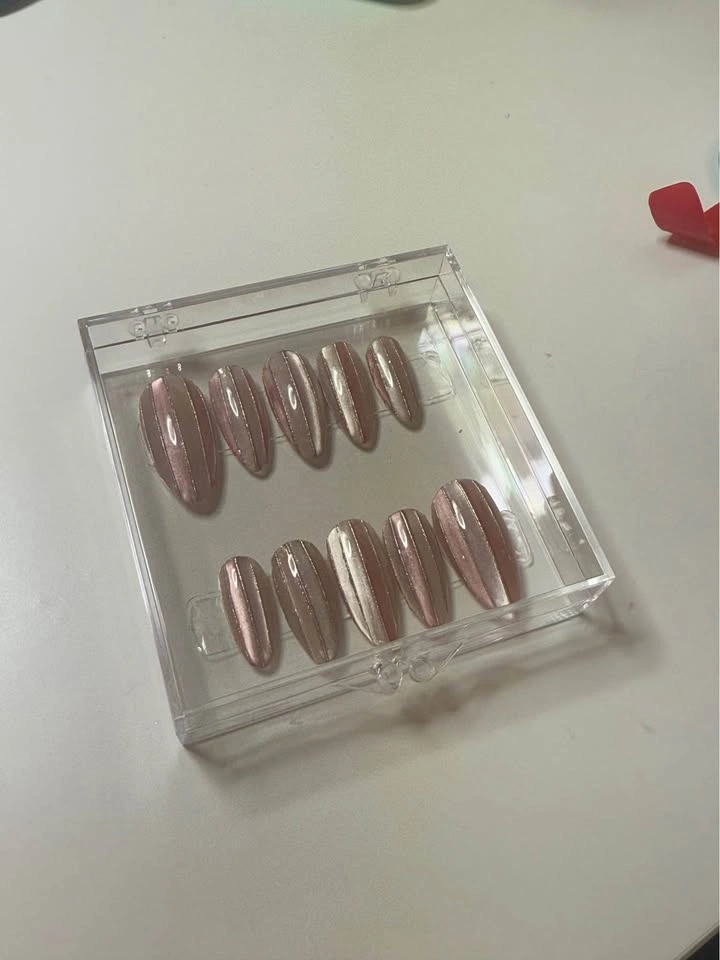 Handmade Pink cateye and Gold Press-on Nails - photo 2