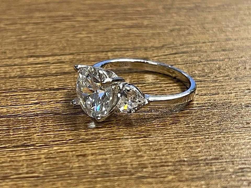 925 Silver 3.0ct CZ Trinity Ring with Heart Sidestones Size 7
