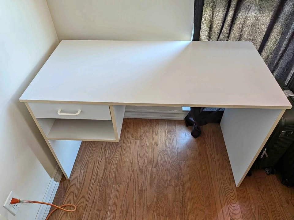 White desk with drawer and shelf