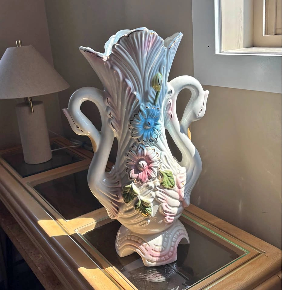 Rare 19" Vintage Mid-Century Ceramic Twin Swan Floor Vase